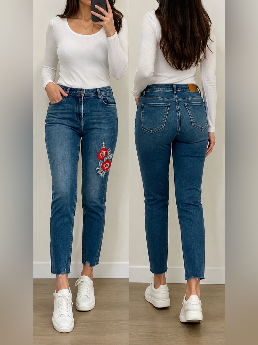 Zara Dark Blue High-Rise Cropped Jeans with Red Floral Embroidery